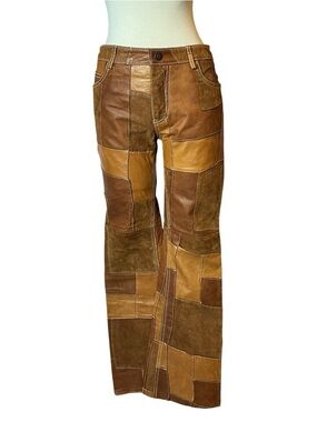 Vintage Y2K Earl Jean Leather Patchwork Mid Rise Bootcut Flare Pants - 26